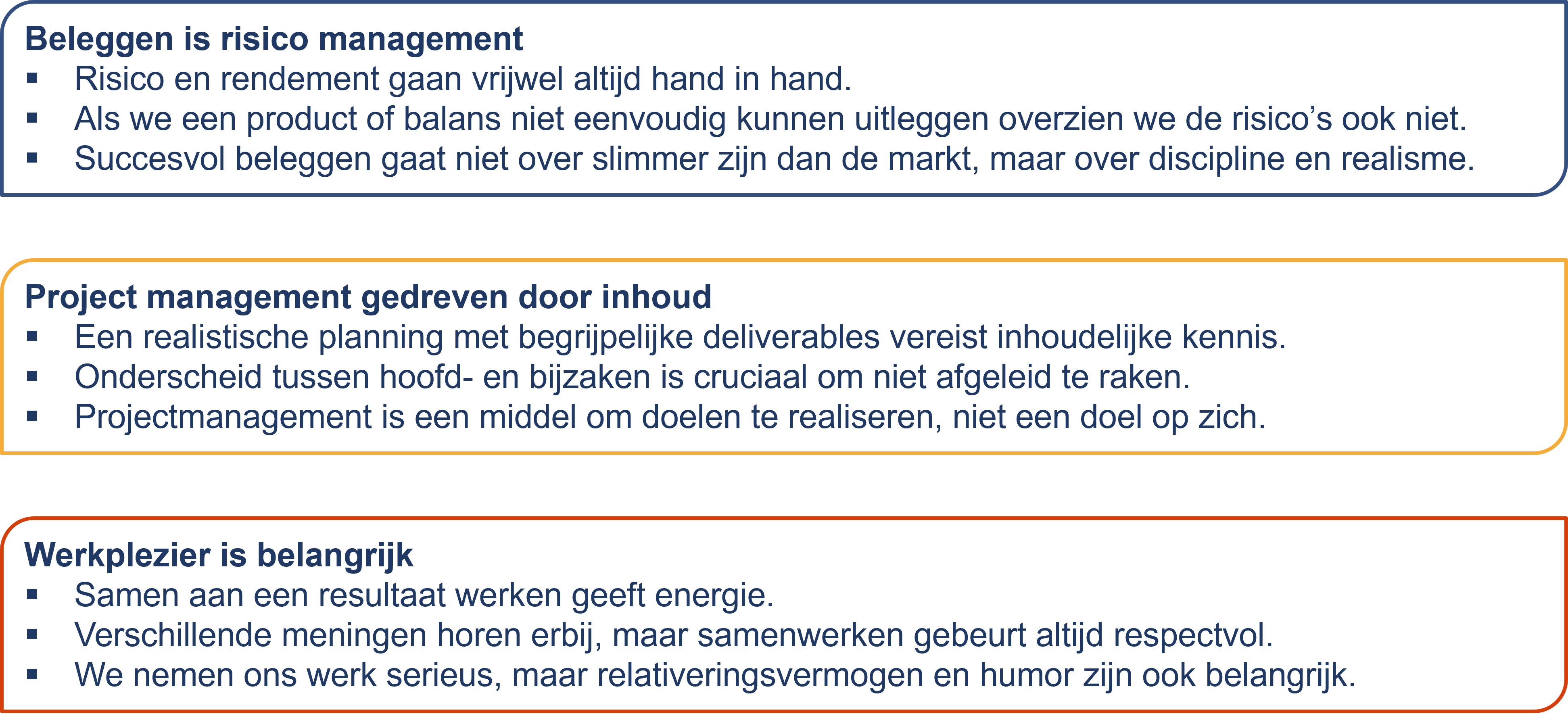 Werk principes David Janssen
Beleggen is risico management
Risico en rendement gaan vrijwel altijd hand in hand.
Als we een product of balans niet eenvoudig kunnen uitleggen overzien we de risico’s ook niet.
Succesvol beleggen gaat niet over slimmer zijn dan de markt, maar over discipline en realisme.
Project management gedreven door inhoud
Een realistische planning met begrijpelijke deliverables vereist inhoudelijke kennis.
Onderscheid tussen hoofd- en bijzaken is cruciaal om niet afgeleid te raken.
Projectmanagement is een middel om doelen te realiseren, niet een doel op zich.
Werkplezier is belangrijk
Samen aan een resultaat werken geeft energie.
Verschillende meningen horen erbij, maar samenwerken gebeurt altijd respectvol.
We nemen ons werk serieus, maar relativeringsvermogen en humor zijn ook belangrijk.